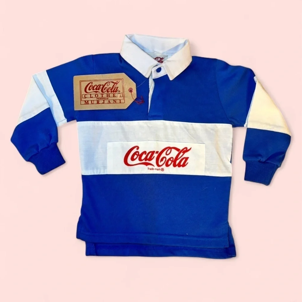 Vintage NWT 1986 Coca-Cola Kids Rugby Shirt Size 2T Unisex Polo Color Block Blue